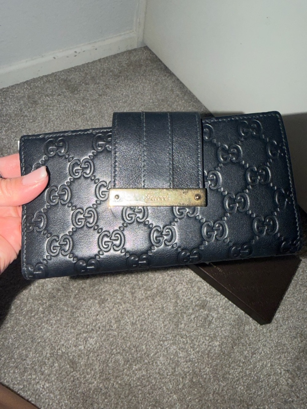 Gucci Black Embossed GG Leather Wallet with Gold Plate